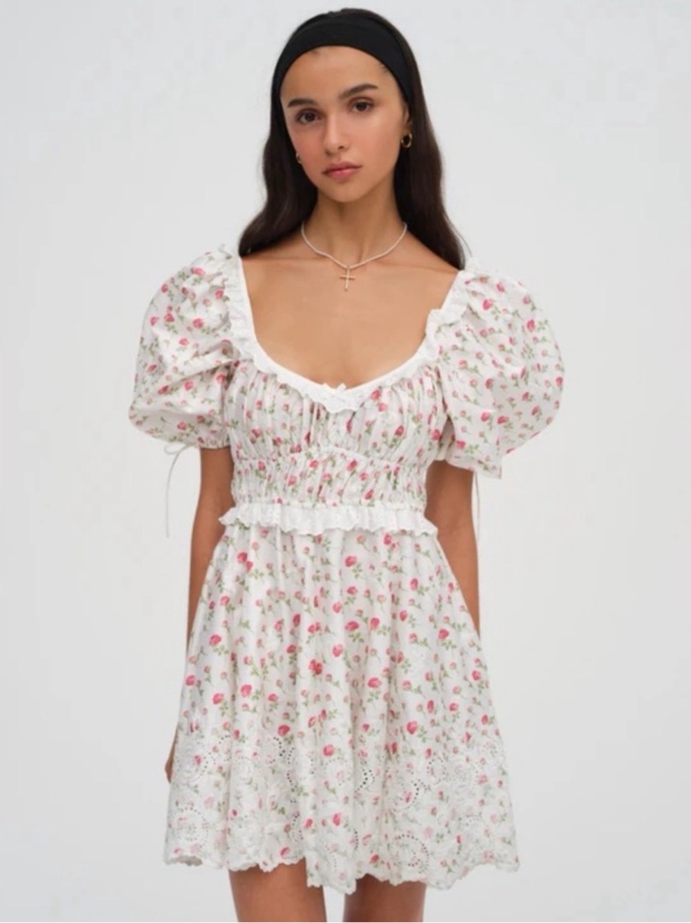 For Love And Lemons White Mini Dress with Pink Floral Print
